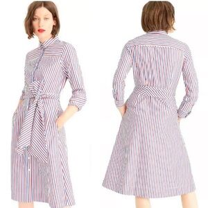 NWT J. Crew Red White & Blue Stripe Tie Waist Poplin Cotton Shirtdress Sz 8